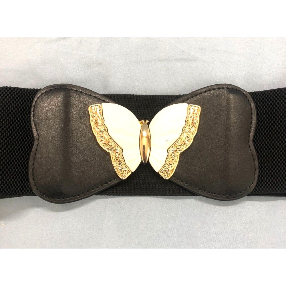 VTG BLACK Elastic Belt IVORY GOLD ENAMEL BUTTERFLY BUCKLE Waist 29-35", 10/12/L